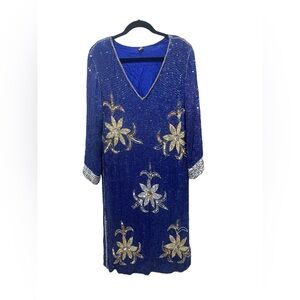 Vintage 80s Royal Blue Silver Sequined Evening Cocktail Dress Sz XL JP Fashions